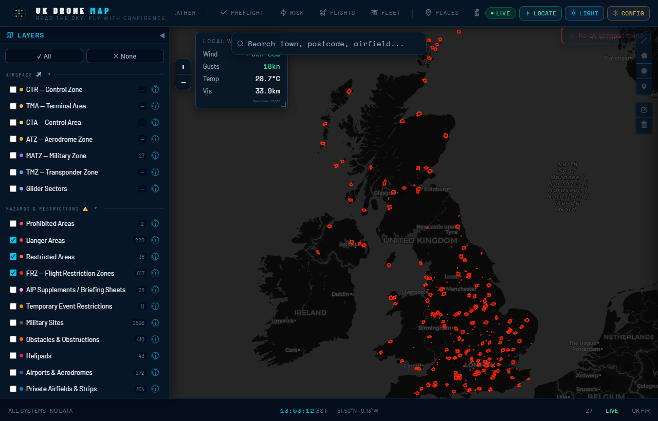 UK Drone Map running as a full-screen PWA on desktop showing the UK airspace and NOTAM layers